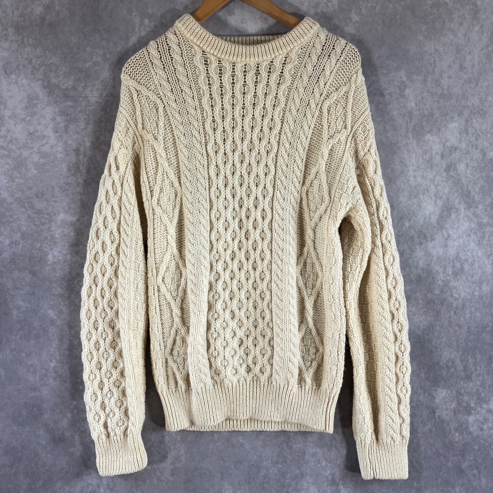 Aran Crafts Fisherman Sweater Men S‎ Cream 100% Wool Cable Knit Made in Ireland